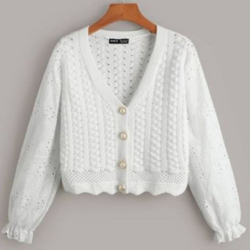 SHEIN Qutie Pearlized cardigan with front button and fan-shaped piping Size 8/10